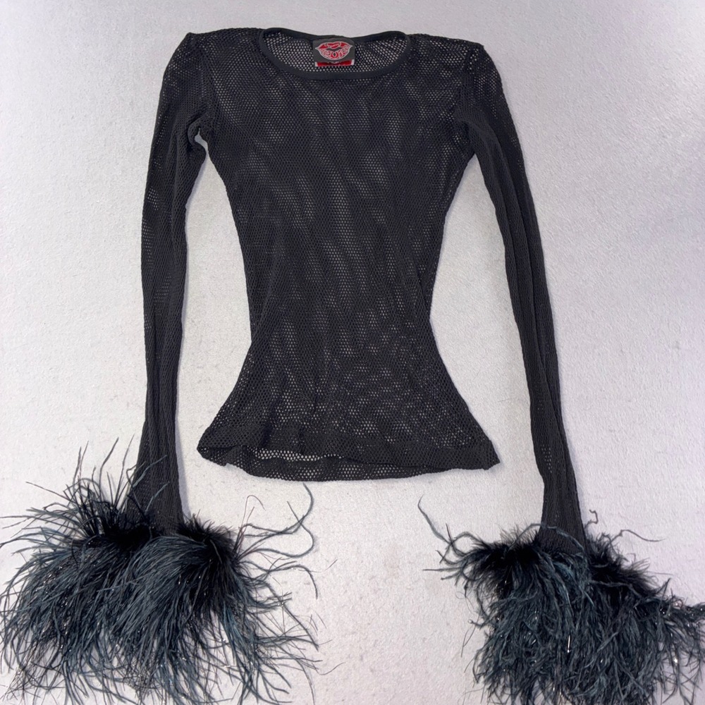 281 Lip Service Fishnet Mesh Top Small Black Feather Cuff Long Sleeve Tinsel